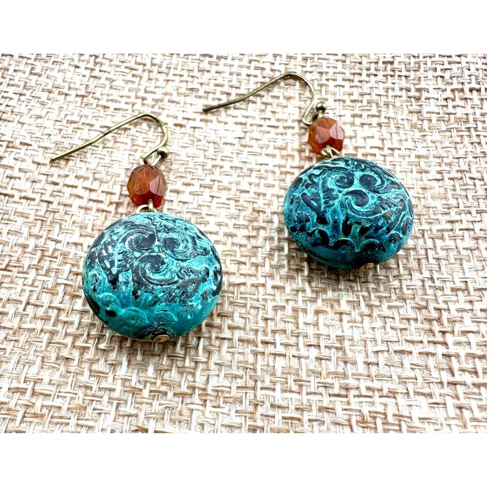 Glass Beaded Drop Earrings Turquoise & Burnt Orange NEW - Picture 2 of 3